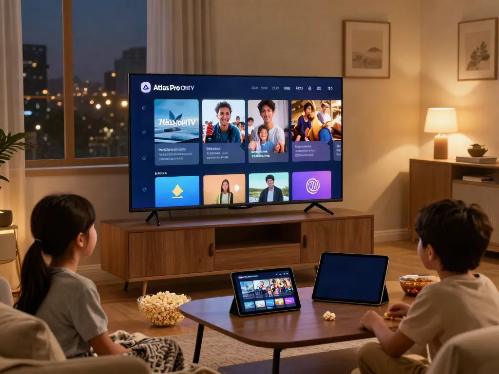 Téléchargement et utilisation de l'application Atlas Pro ONTV dans un salon familial convivial.