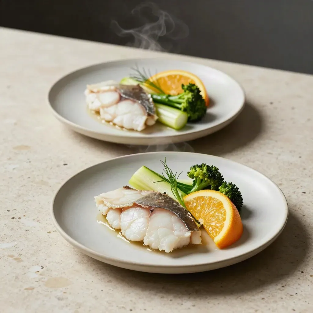 Assiettes de poisson blanc et légumes vapeur sur travertin, avec brume culinaire.