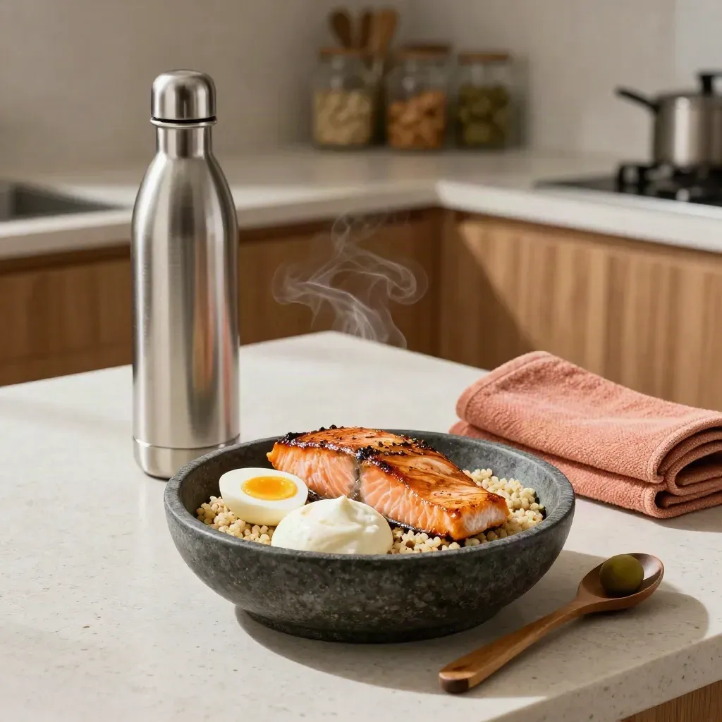 Saumon rôti, œufs durs, skyr et quinoa dans une cuisine de meal prep lumineuse.