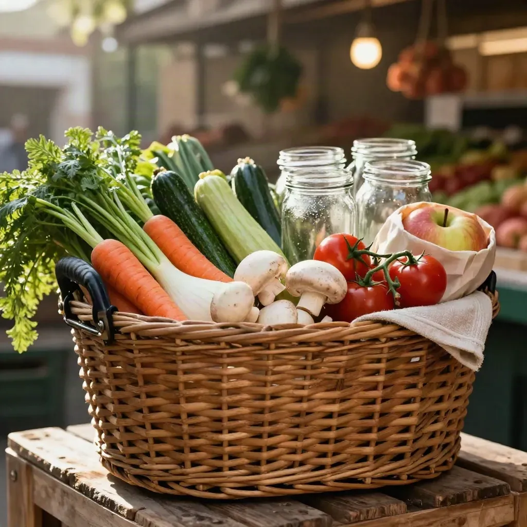 Panier de marché garni de légumes triés, fruits et bocaux vides dans une lumière douce.
