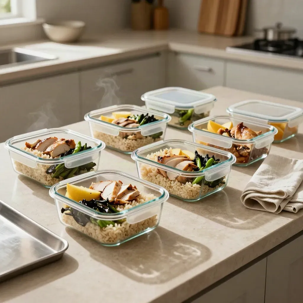 Boîtes repas en verre alignées avec poulet, riz, légumes et fruit sur un îlot de cuisine.