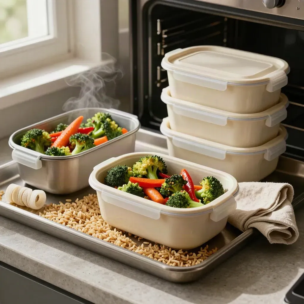 Bacs de riz et légumes rôtis, boîtes hermétiques alignées dans une cuisine chaleureuse.