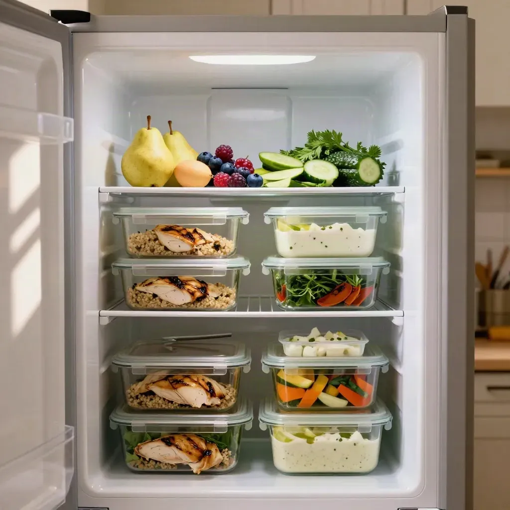 Réfrigérateur ouvert avec six repas légers bien rangés et fruits au-dessus.