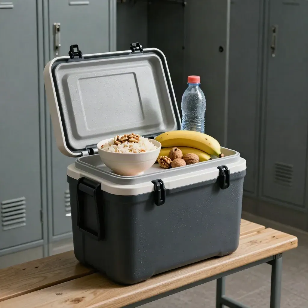 Glacière de sport ouverte sur un banc, bol de riz au poulet, banane, noix et bouteille d’eau en vestiaire vide.