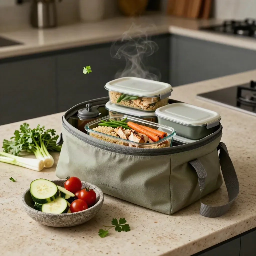 Sac de courses sage, trois boîtes repas vapeur et légumes triés sur un plan en travertin.