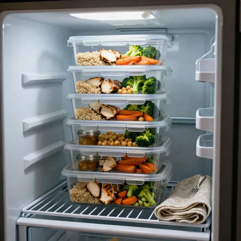 Frigo en inox avec cinq repas préparés, sauces et couverts, prêts pour la semaine.