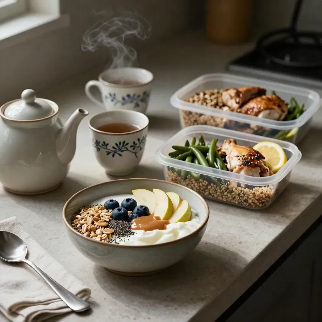Petit déjeuner sain avec yaourt, avoine, fruits, tisane fumante et deux repas sobres au fond.