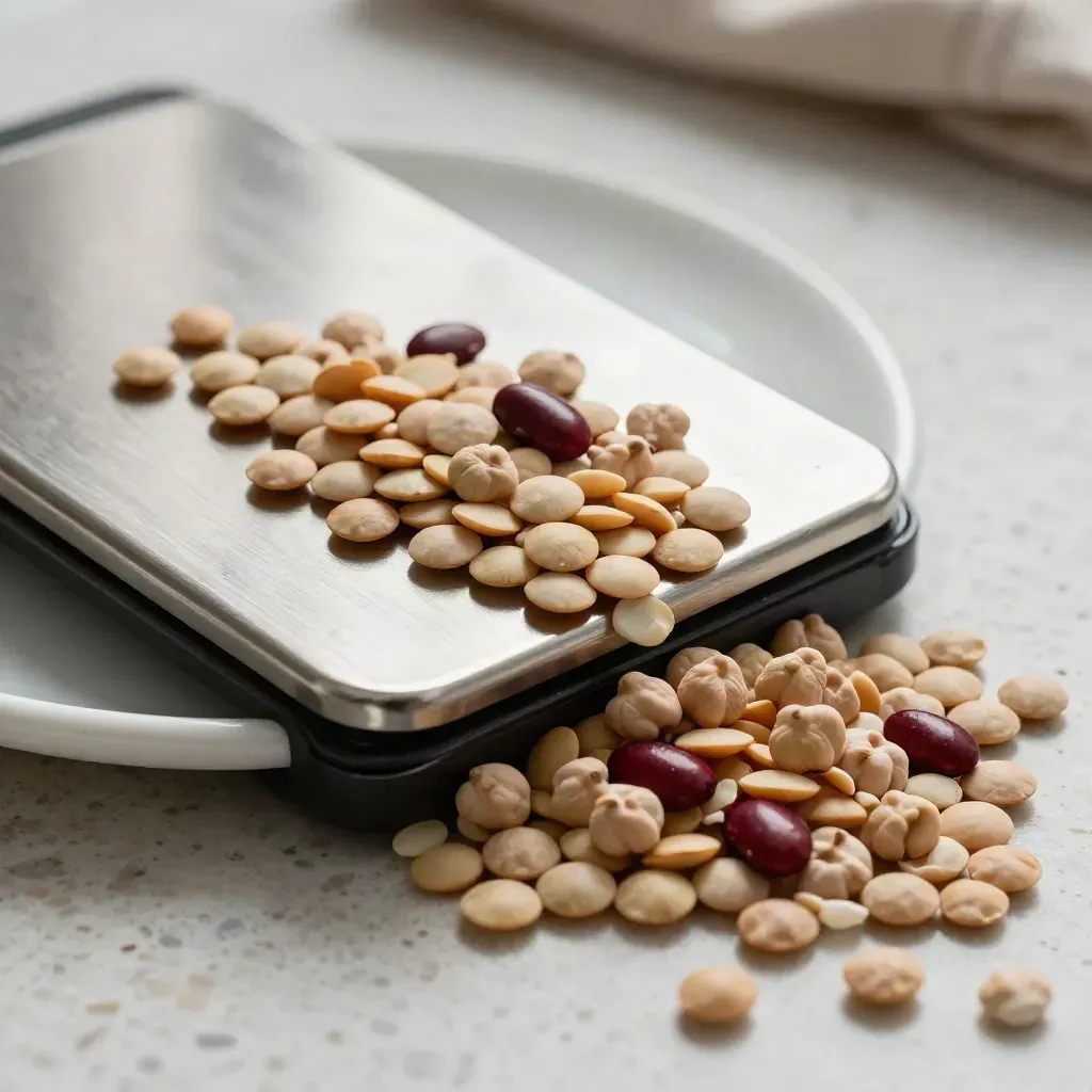 Balance alimentaire en inox, assiette céramique et légumineuses sur plan de travail en travertin.