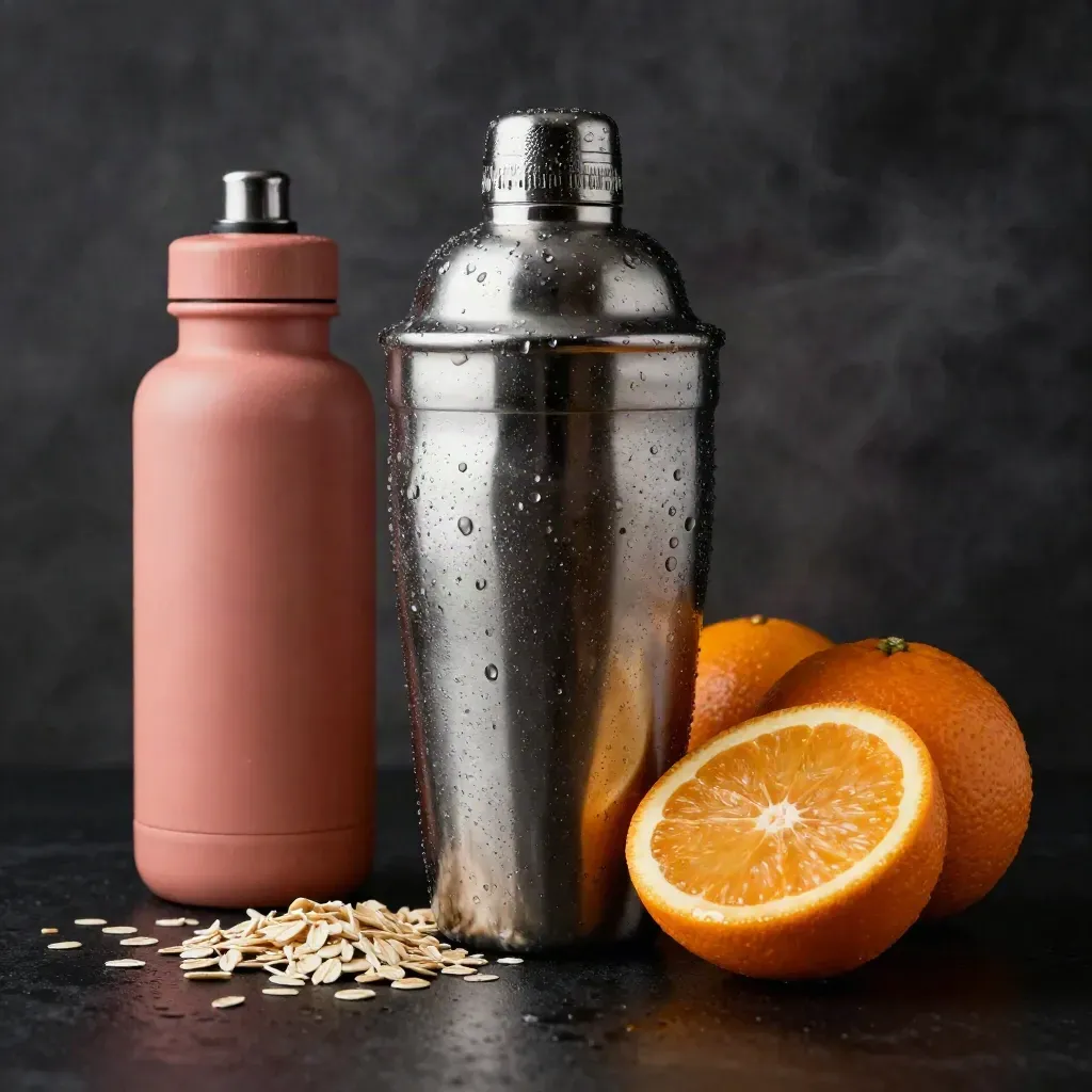 Shaker en inox, gourde de sport, flocons d’avoine et agrumes sur table noire, lumière dramatique.