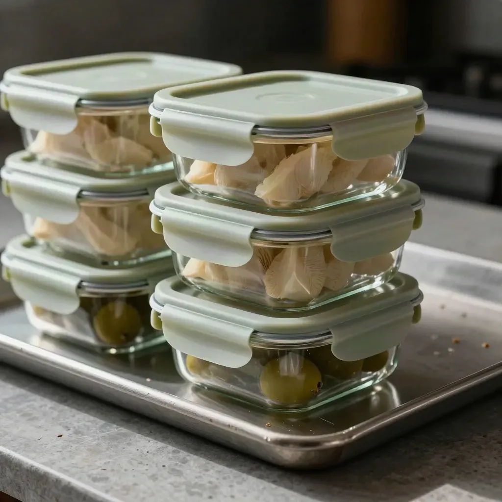 Boîtes meal prep en verre avec couvercles vert sauge et plaque en aluminium.