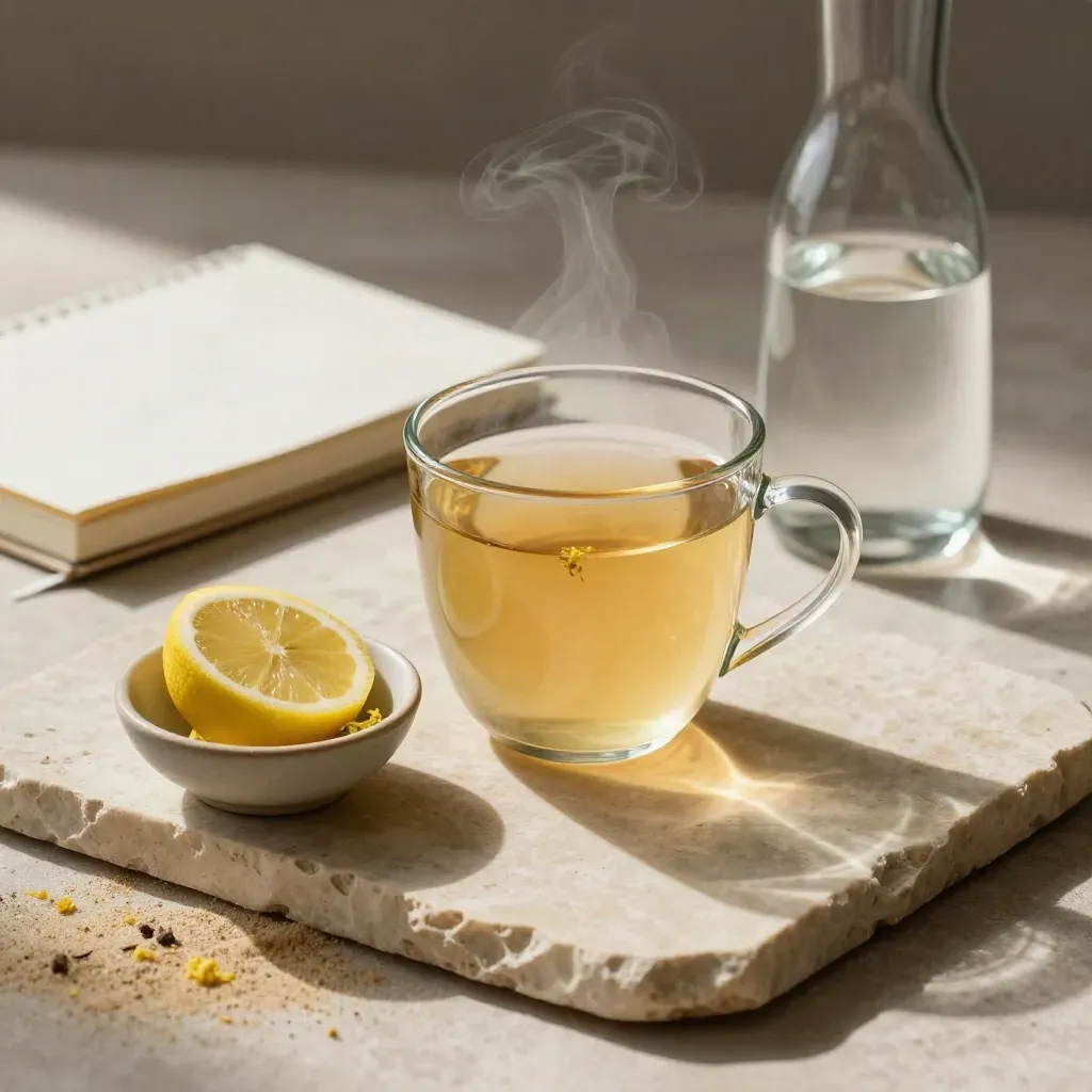 Infusion chaude, citron, carnet fermé et carafe d’eau sur pierre claire, lumière douce.