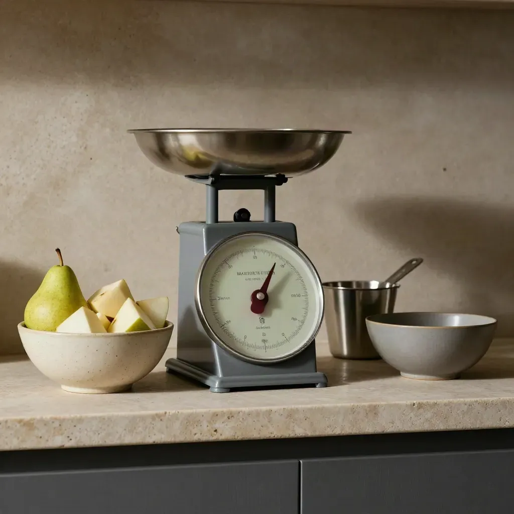 Balance mécanique, fruits coupés et tasses doseuses sur une étagère en pierre.