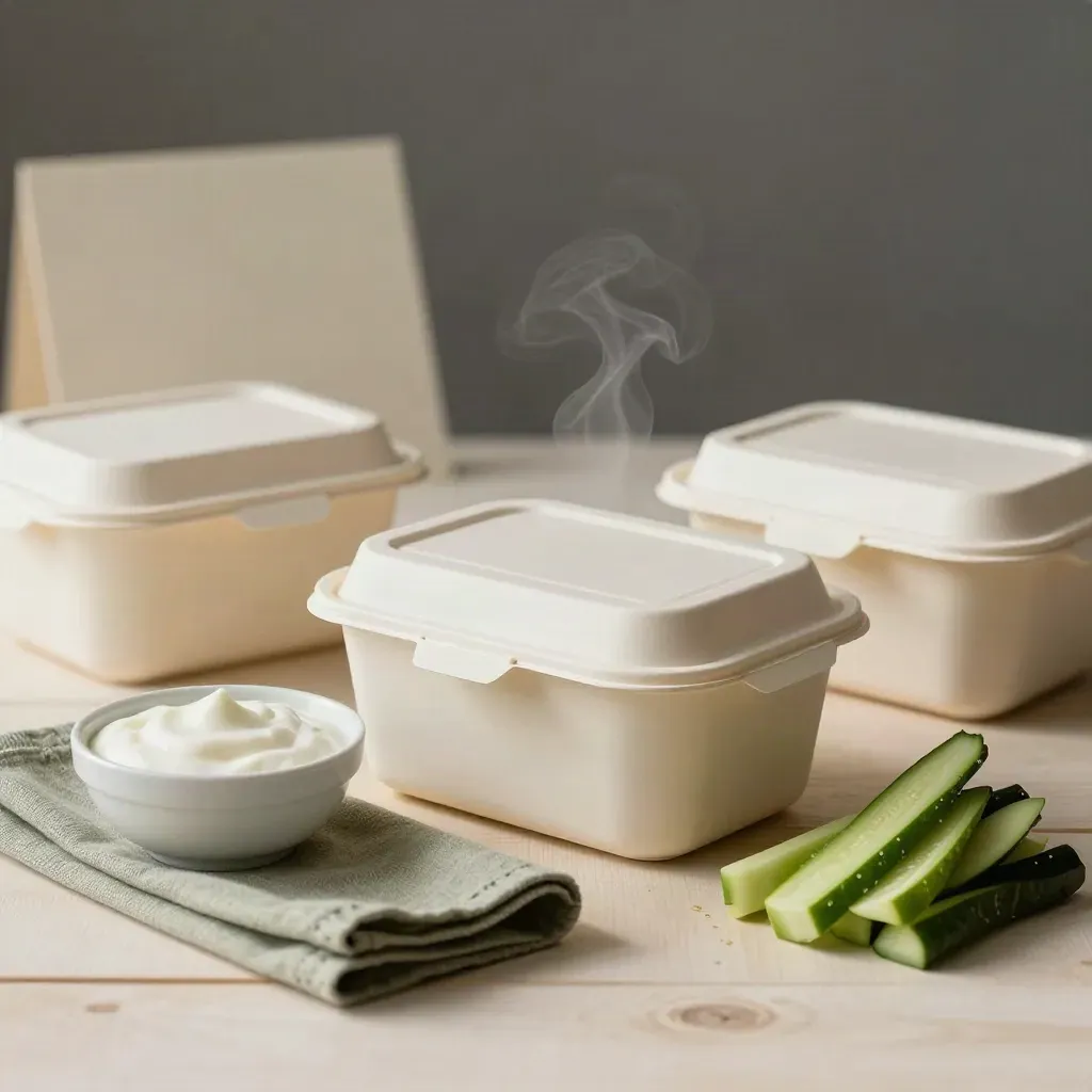 Trois boîtes repas, sauce au yaourt et légumes préparés sur bois pâle
