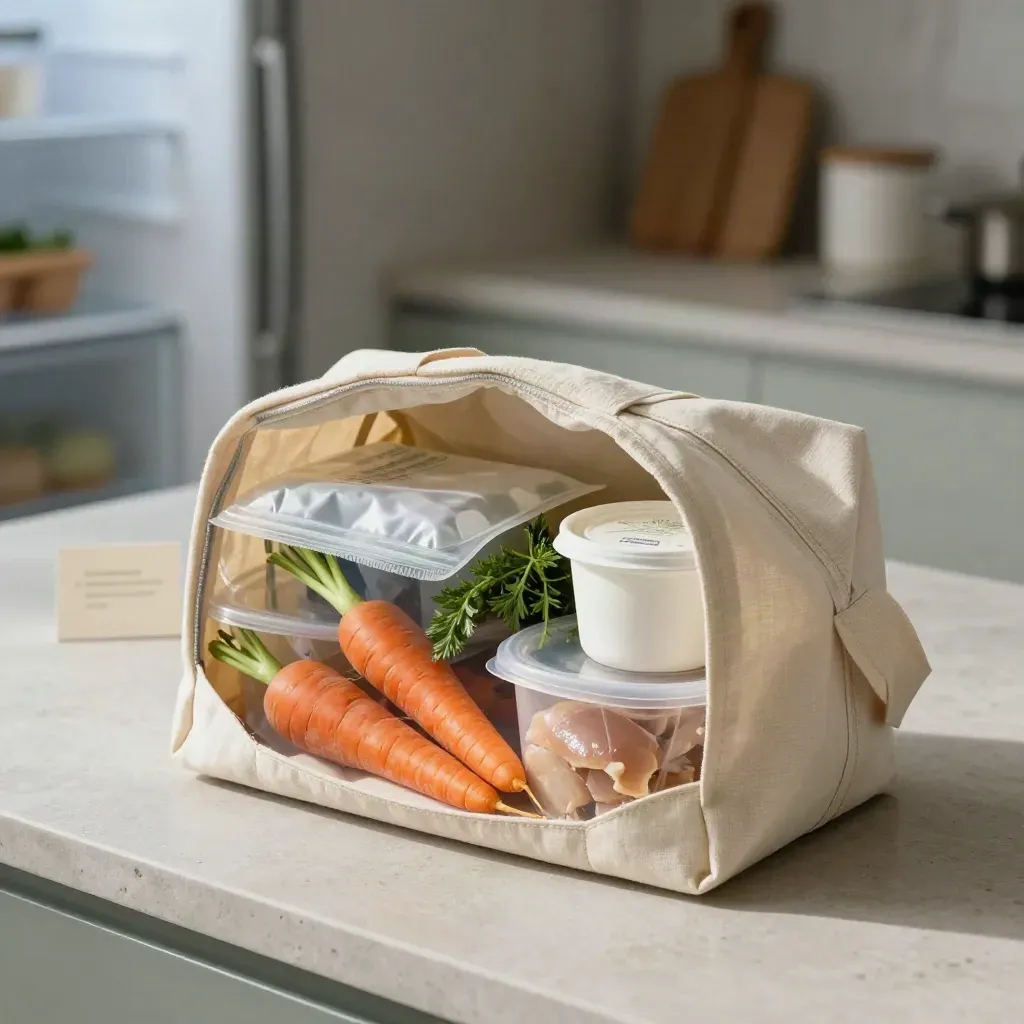 Sac isotherme ouvert avec carottes, herbes, yaourts et poulet sur plan clair.