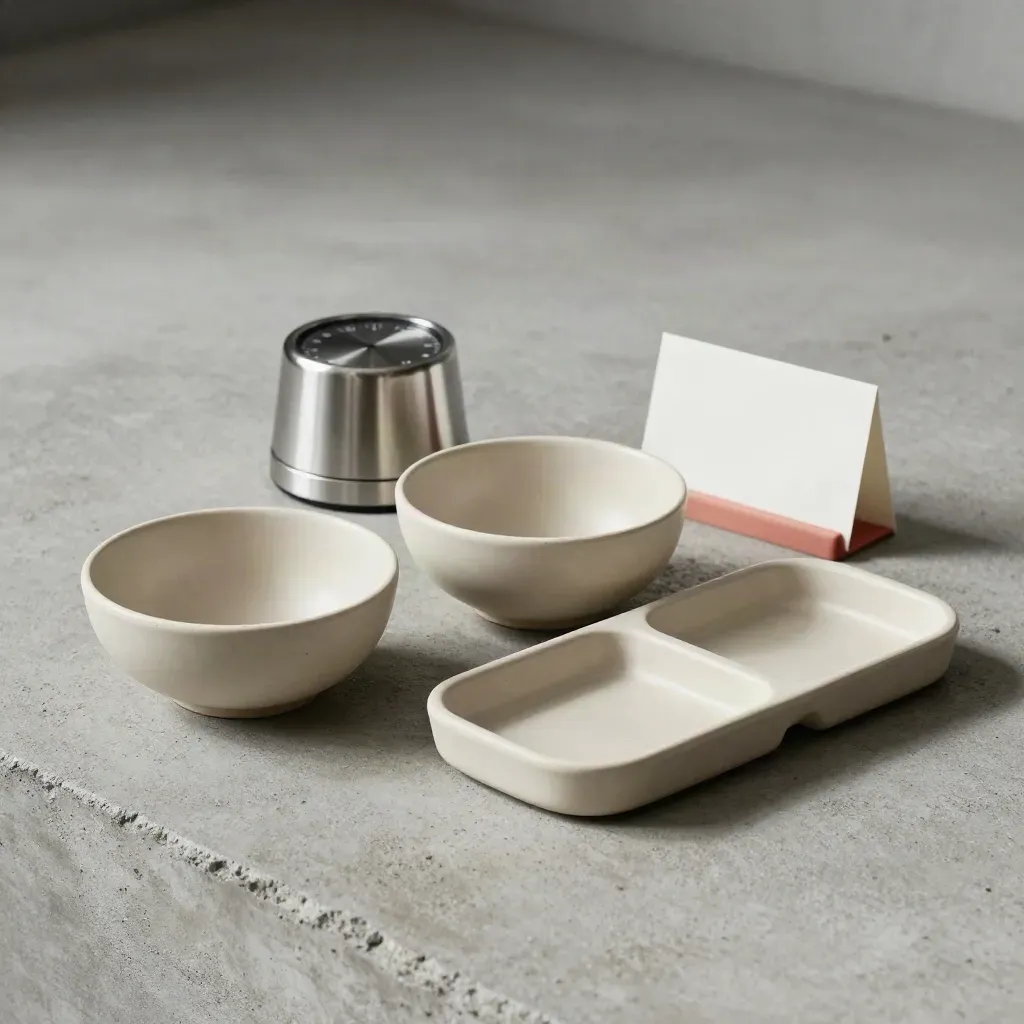 Minuteur, bols modulaires et plateau de portions sur béton clair, vue trois-quarts.