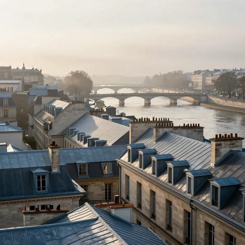 Vue de Paris au lever du jour, toits en zinc, Seine et brume chaude au-dessus des quais.