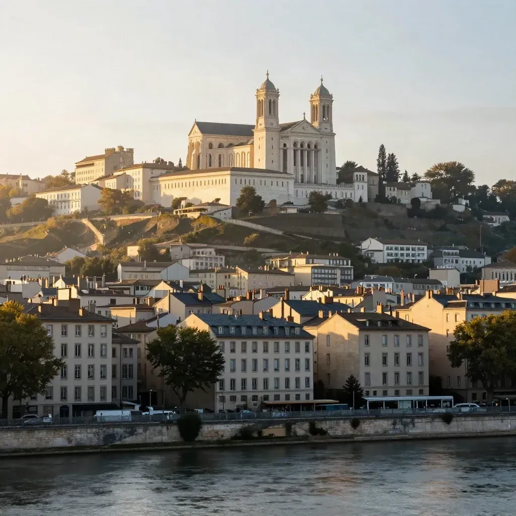 Vue dorée de Lyon avec Fourvière, la Saône et des collines urbaines calmes.