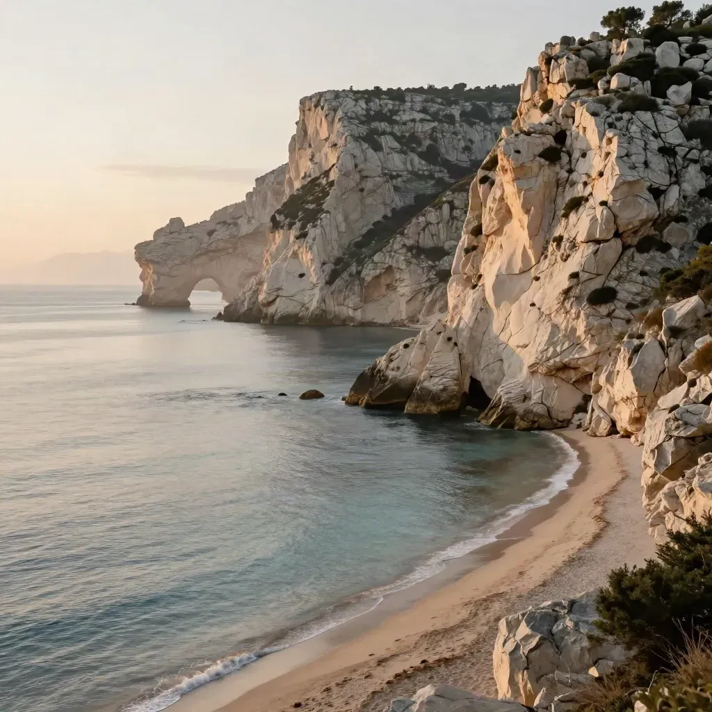 Falaises des Calanques dans une brume chaude, mer calme et espace vide pour le texte.