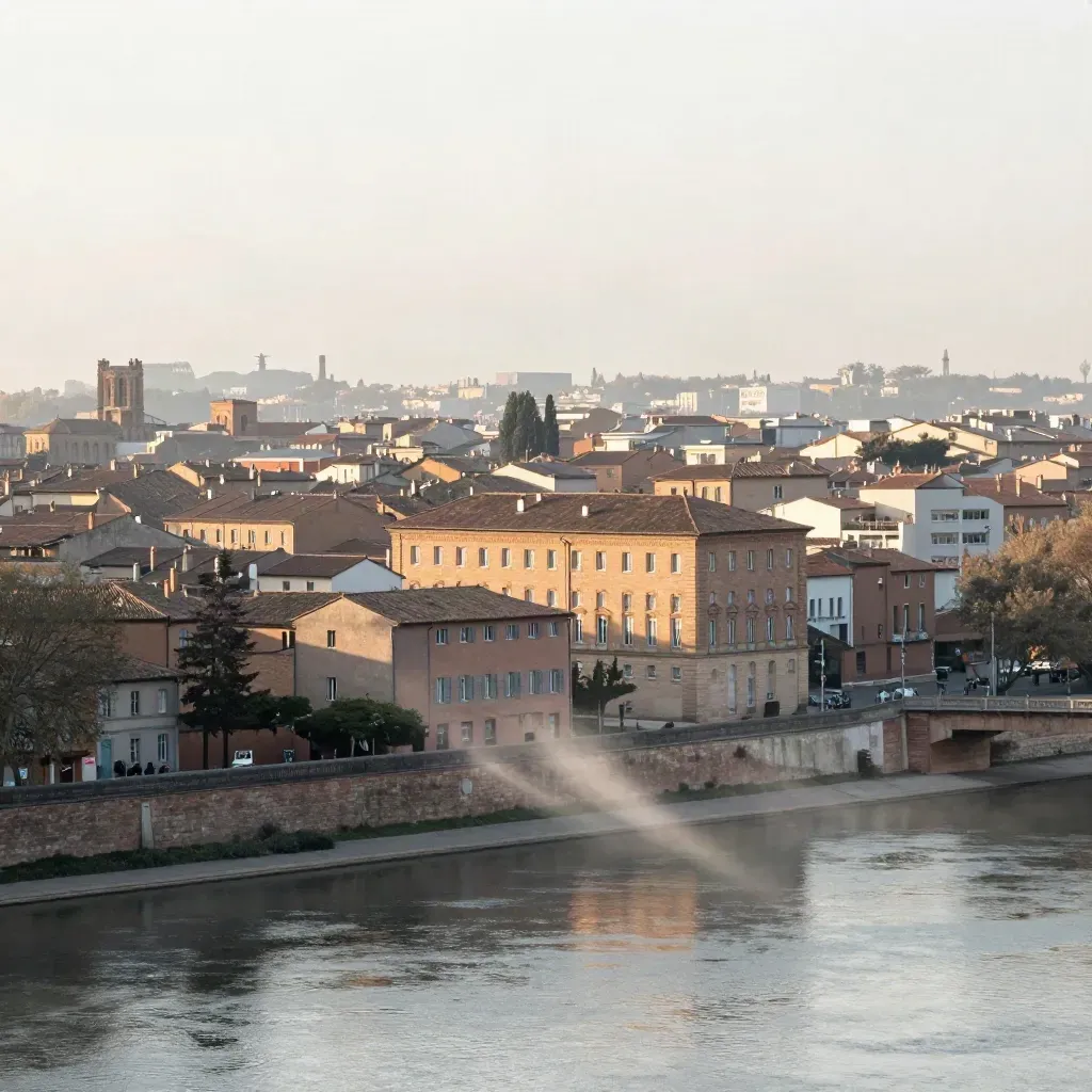 Toulouse en pierre rosée, la Garonne calme et une grande zone vide pour le texte.