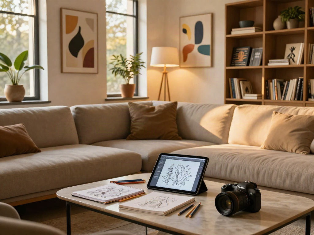 18+ AI creative lounge with art supplies, ambient lighting, and a cozy atmosphere.
