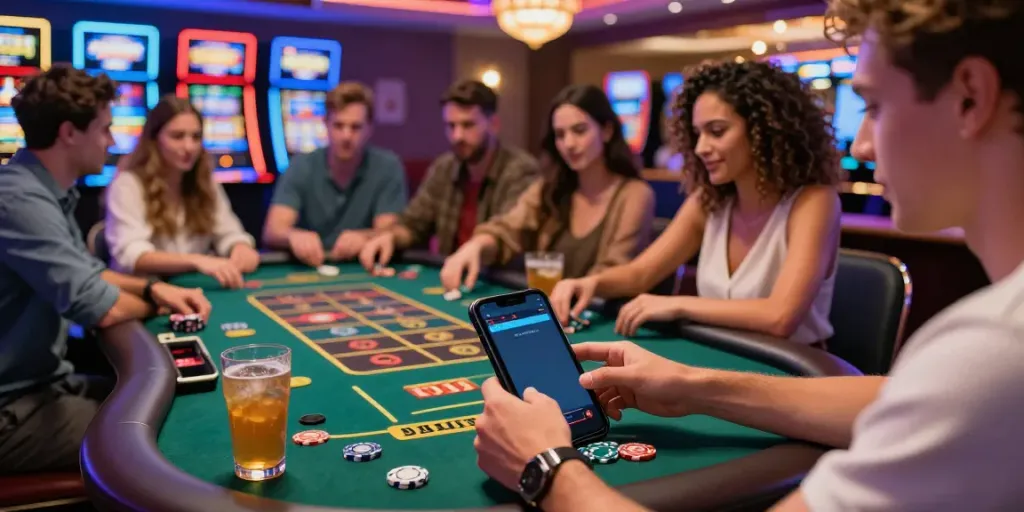 Scène dynamique d'un casino Bitcoin avec joueurs et machines à sous illuminées.